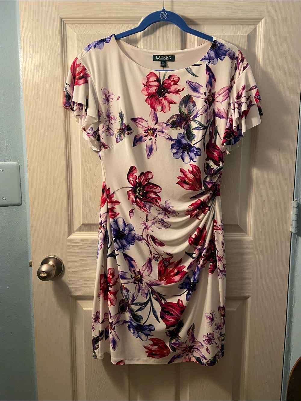 Lauren Ralph Lauren Cream Midi Dress with Red & Purple Floral Print